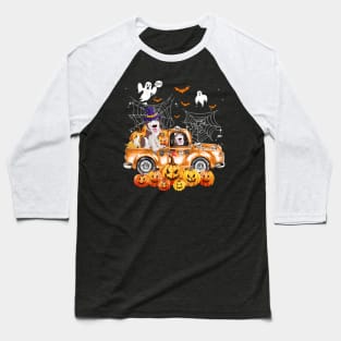 Husky Dog On Pumpkins Truck Autumn Halloween Baseball T-Shirt